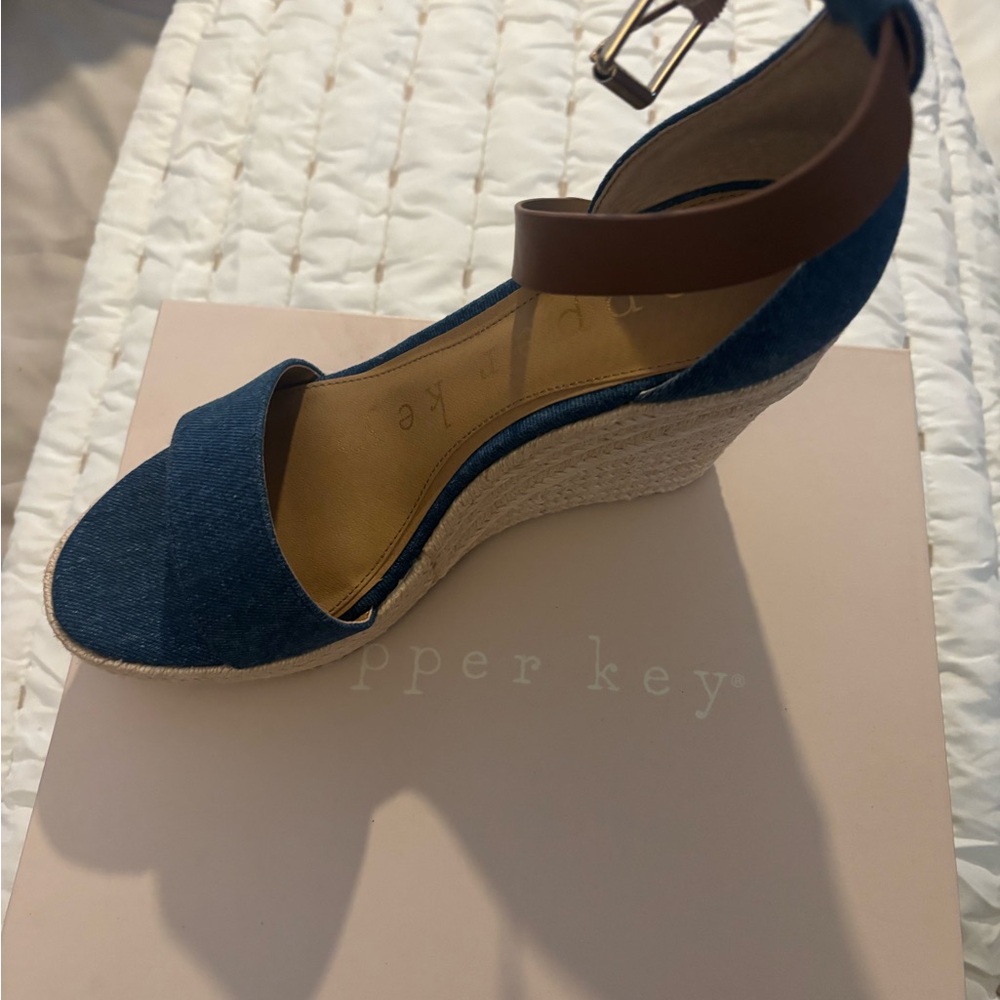Copper Key Denim Blue Espadrille Wedge with Brown Ankle Strap
